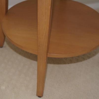 OAK ROUND TOP END TABLE. WITH SHELF BELOW