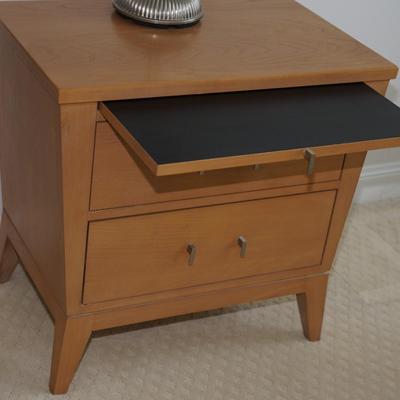 Sale Photo Thumbnail #211: this two drawer end table is of oak wood with brush chrome handles. 
Ethan Allen 
two dovertailed drawers that open and close easy. 
the top has a shelf that pulls out with a black laminate cover.
In good condition. No damage noted and the top has little 