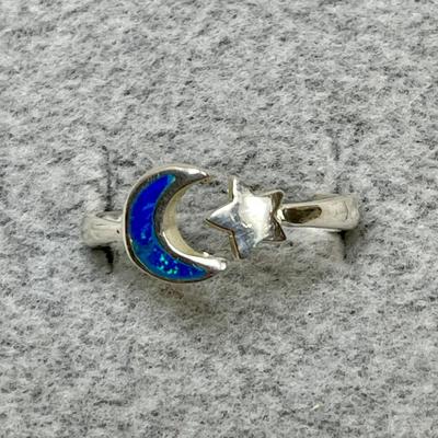 Blue Opal moon with star Sterling silver ring