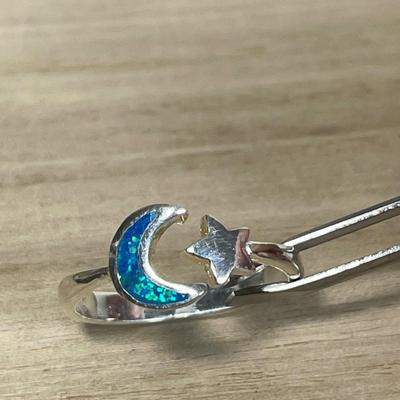Blue Opal moon with star Sterling silver ring