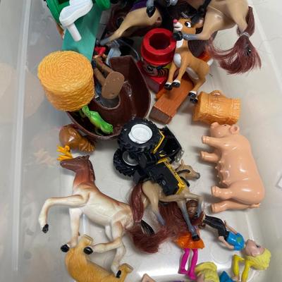 Small tote of farm animals, and mini toys