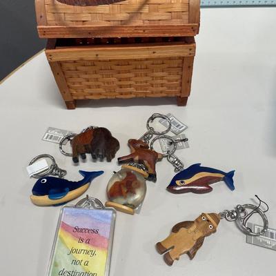 Small wood key chains in small basket