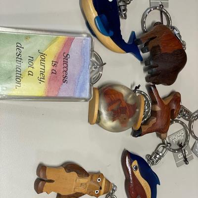 Small wood key chains in small basket
