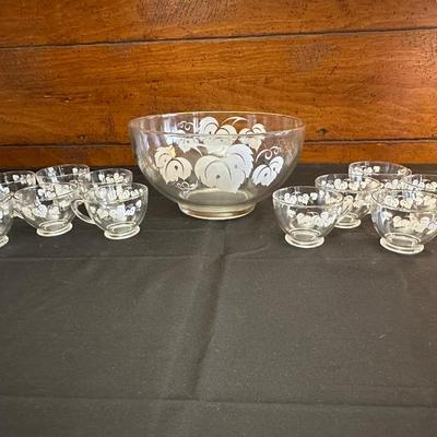Vintage Glass Punch Bowl and Cups with Frosted Leaf Pattern