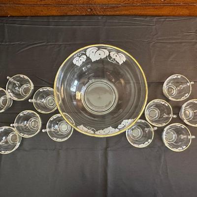 Vintage Glass Punch Bowl and Cups with Frosted Leaf Pattern
