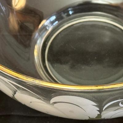 Vintage Glass Punch Bowl and Cups with Frosted Leaf Pattern