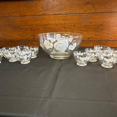 Vintage Glass Punch Bowl and Cups with Frosted Leaf Pattern