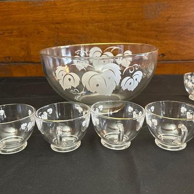 Vintage Glass Punch Bowl and Cups with Frosted Leaf Pattern