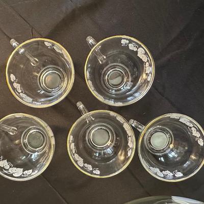Vintage Glass Punch Bowl and Cups with Frosted Leaf Pattern