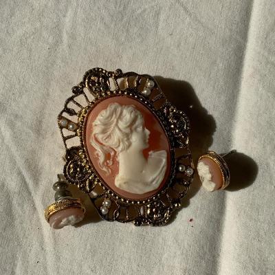 Cameo brooch and earring set