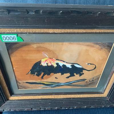 Signed Bull Art Mid Century Frame/Matting