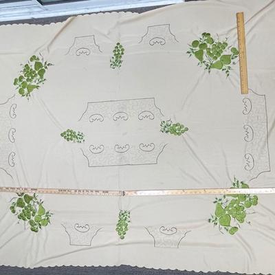 Vintage Tablecloth - Ivory with Avocado Green Embroidered Grapes, Pears, Oranges 58" x 72"