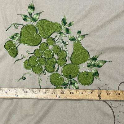 Vintage Tablecloth - Ivory with Avocado Green Embroidered Grapes, Pears, Oranges 58" x 72"