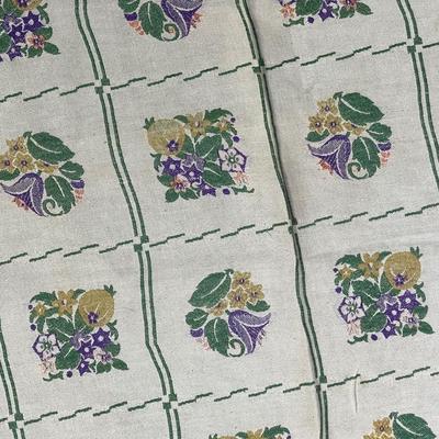 Vintage Cotton Tablecloth square 44" x 44" - purple flowers, gold pineapples green leaves