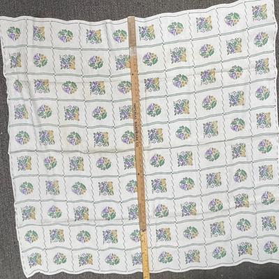 Vintage Cotton Tablecloth square 44" x 44" - purple flowers, gold pineapples green leaves