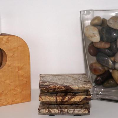 Decorative GROUPING OF BUD VASE IN ABSTRACT MAPLE HOLDER, GLASS VASE W/ POLISHED STONES, THREE GRANITE COASTERS
