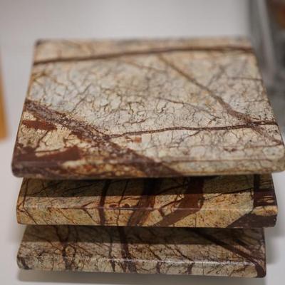 Decorative GROUPING OF BUD VASE IN ABSTRACT MAPLE HOLDER, GLASS VASE W/ POLISHED STONES, THREE GRANITE COASTERS