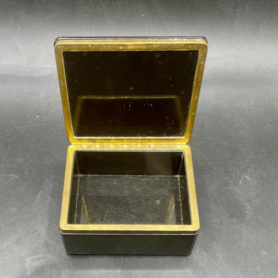 Black Onyx Glass Lidded Trinket Box with Goldtone Trim