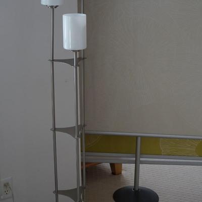 CONTEMPORARY BRUSH STYLE CHROM FLOOR LAMO WITH THREE LIGHTS IN OPAQUE WHITE SHADES