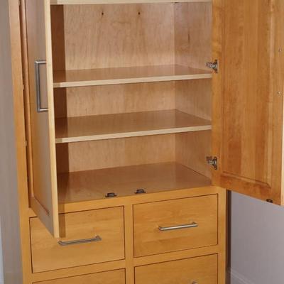 MODERN STYLE MAPLE CABINET W/ BRUSH CHROME HANDLES, FOUR DRAWERS /SHELVES