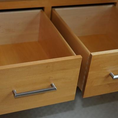 MODERN STYLE MAPLE CABINET W/ BRUSH CHROME HANDLES, FOUR DRAWERS /SHELVES