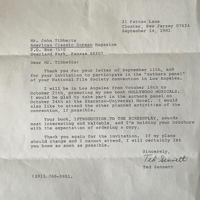 Author Ted Sennett signed letter