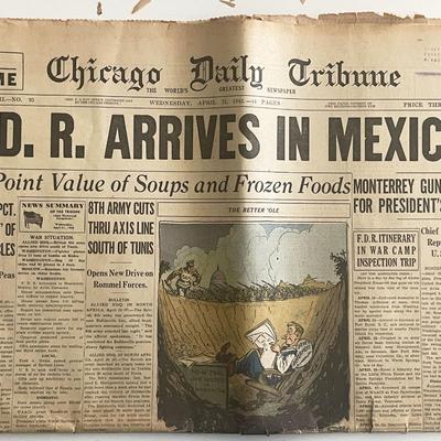 1943 Chicago Daily Tribune - F.D.R Arrives in Mexico - Original Vintage Newspaper