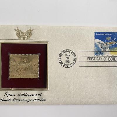 Space Achievement Shuttle Launching a Satellite Gold Stamp Replica First Day Cover