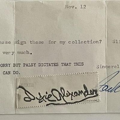 Dixie Alexander signed note