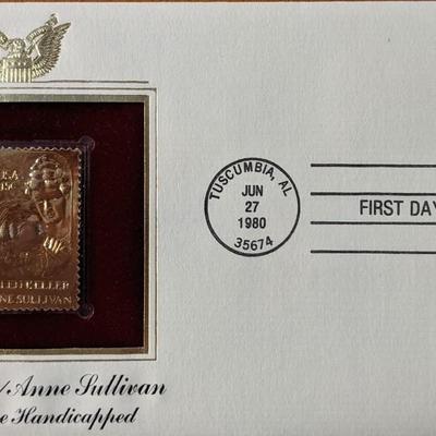 Helen Keller, Anne Sullivan Educating The Handicapped Gold Stamp Replica First Day Cover