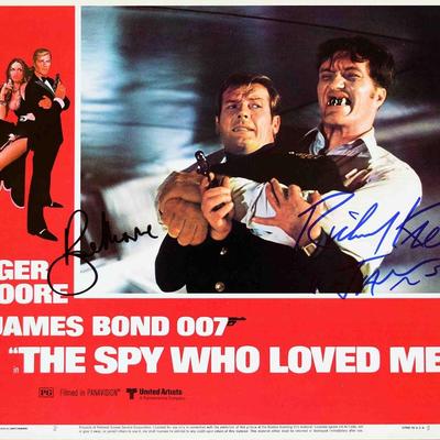 Roger Moore & Richard Kiel signed lobby card. 
