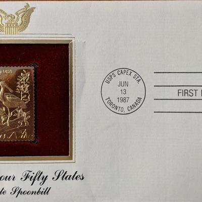 Wildlife Of Our Fifty States Roseate Spoonbill Gold Stamp Replica First Day Cover