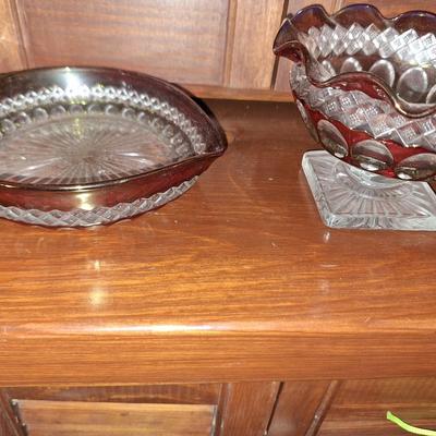2 Ruby Red thumbprint dishes