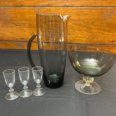 Vintage Smokey Tinted Pitcher and Candy Dish