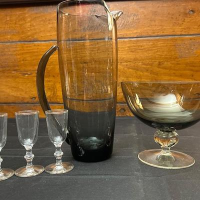 Vintage Smokey Tinted Pitcher and Candy Dish