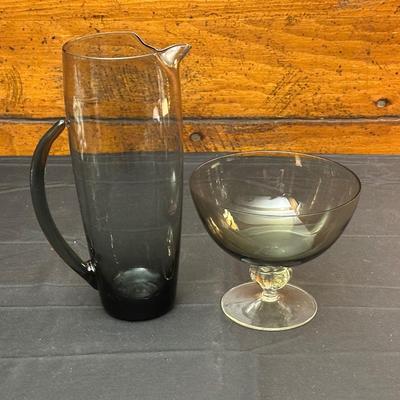 Vintage Smokey Tinted Pitcher and Candy Dish