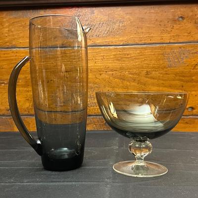 Vintage Smokey Tinted Pitcher and Candy Dish