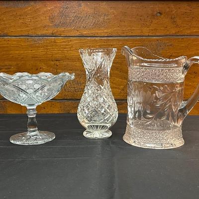 Vintage Etched Glass Pitcher, Vase and Compote
