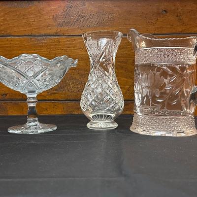 Vintage Etched Glass Pitcher, Vase and Compote
