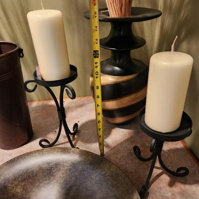 Lot of 6 Home Decor Lot Candle Holders Heavy Metal Bowl, Bucket, 2 Plant Vases