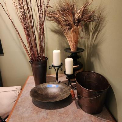 Lot of 6 Home Decor Lot Candle Holders Heavy Metal Bowl, Bucket, 2 Plant Vases