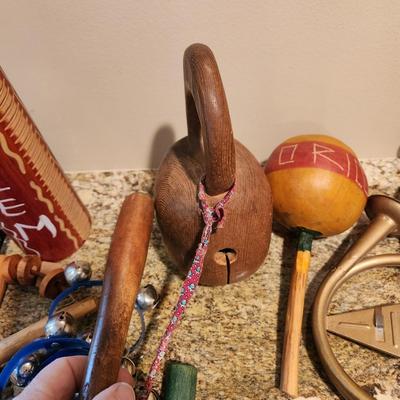Large Basket filled Percussion Wood Metal Hand Instruments Noise makers Flutes, Clappers, African Kalimba Whistles