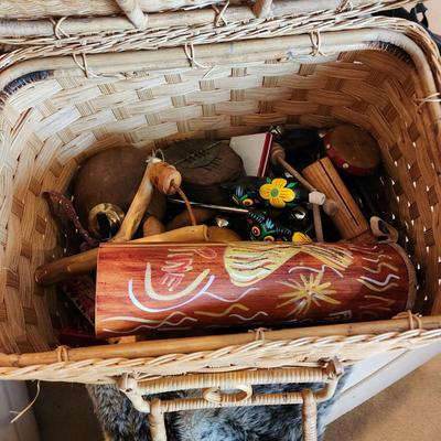 Large Basket filled Percussion Wood Metal Hand Instruments Noise makers Flutes, Clappers, African Kalimba Whistles