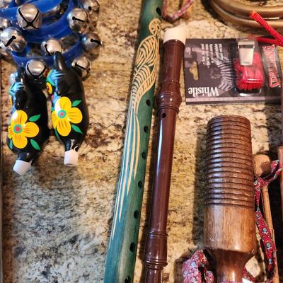 Large Basket filled Percussion Wood Metal Hand Instruments Noise makers Flutes, Clappers, African Kalimba Whistles