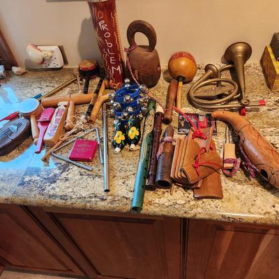 Large Basket filled Percussion Wood Metal Hand Instruments Noise makers Flutes, Clappers, African Kalimba Whistles