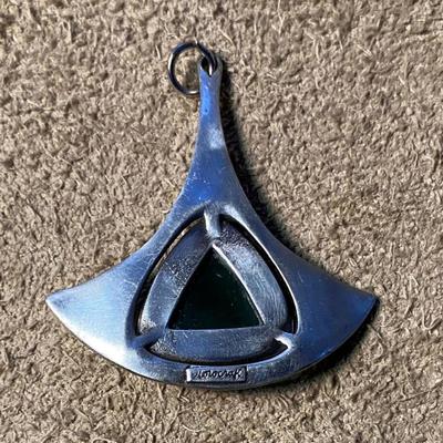 modernist brutalist COROCRAFT SILVER & GREEN GLASS PENDANT