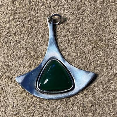 modernist brutalist COROCRAFT SILVER & GREEN GLASS PENDANT