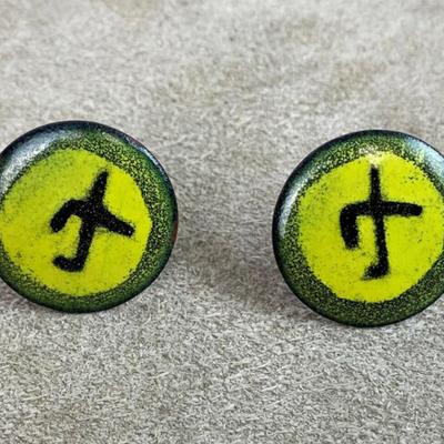 mid century modernist ENAMEL ON COPPER JEWELRY PIN & EARRINGS SET