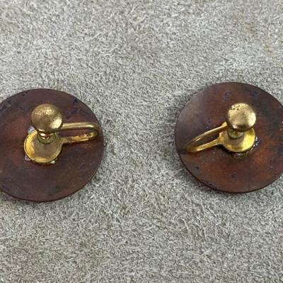mid century modernist ENAMEL ON COPPER JEWELRY PIN & EARRINGS SET