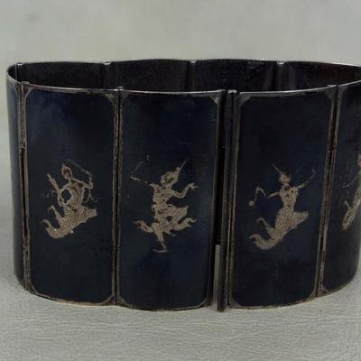 vintage exotic SIAM STERLING SILVER BLACK NIELLO CUFF BRACELET 1930s